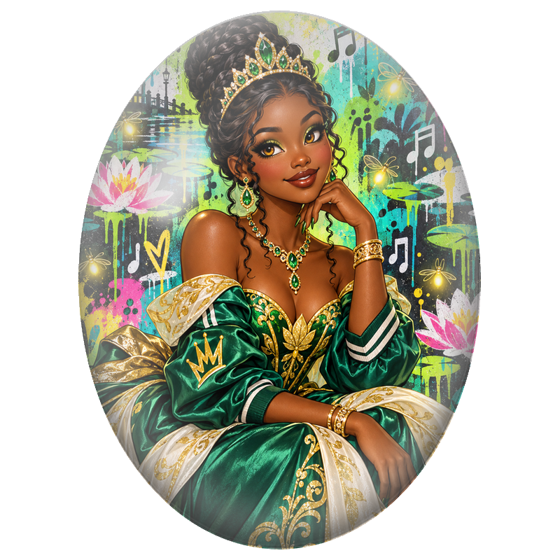 Cabochon en Verre Illustré Princesse Noire en Robe Verte 13x18, 18x25 ou 30x40mm