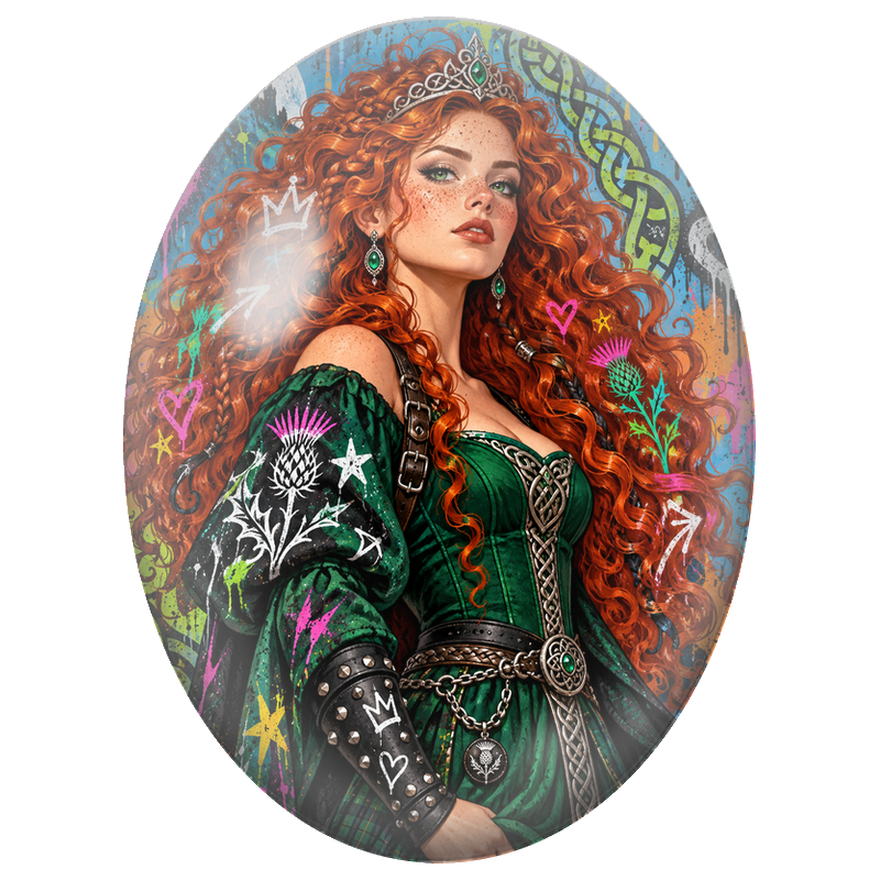 Cabochon en Verre Illustré Guerrière Rousse Celtique Street Art 13x18, 18x25 ou 30x40mm