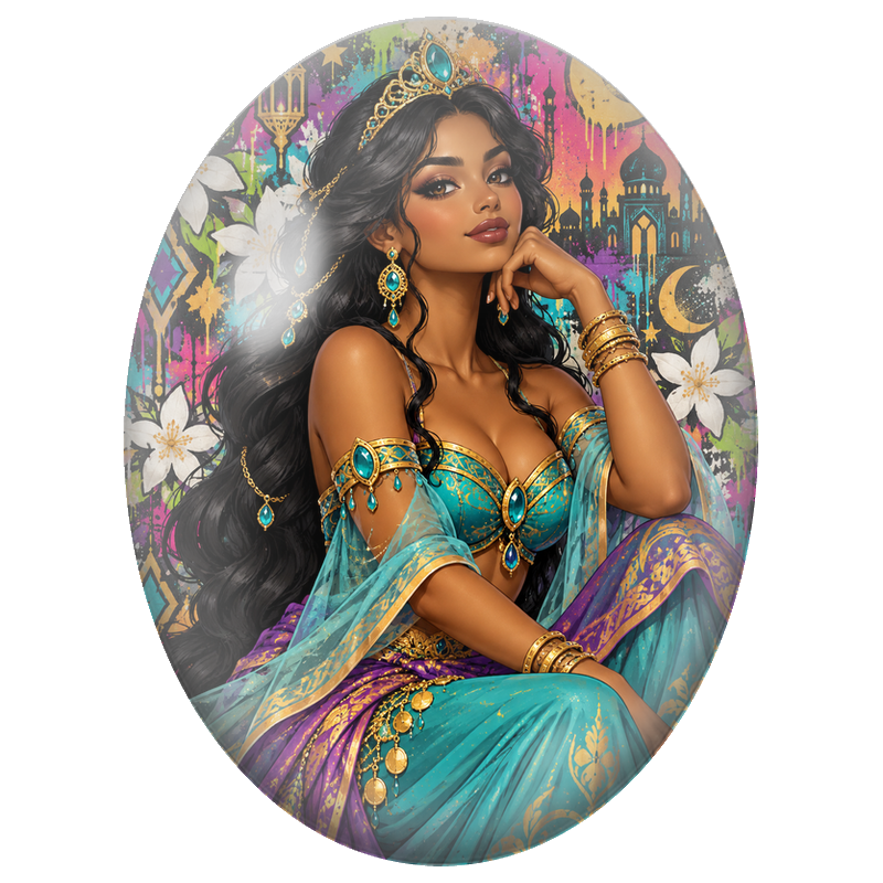 Cabochon en Verre Illustré Princesse Orientale Turquoise 13x18, 18x25 ou 30x40mm