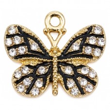 2 Breloques Papillon Noir Métal Doré avec Strass 19x17mm pour la Création de Bijoux Fantaisie - DIY