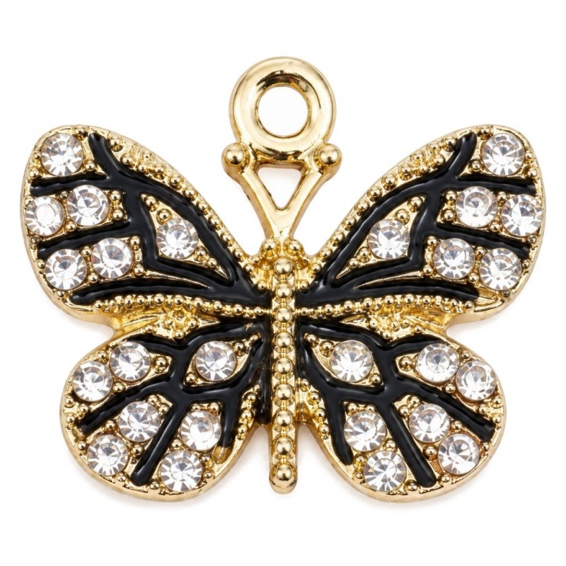 2 Breloques Papillon Noir Métal Doré avec Strass 19x17mm