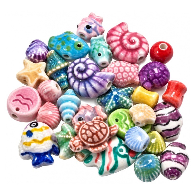 5 Perles en Céramique Colorées Coquillage Poisson Tortue Conque 11-20mm