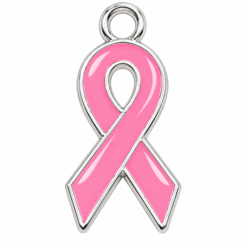 Breloque Ruban Octobre Rose en Émail Métal Argenté 23x10mm