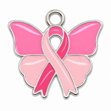 Breloque Papillon Ruban Octobre Rose en Émail Métal Argenté 21x20mm pour la Création de Bijoux Fantaisie - DIY