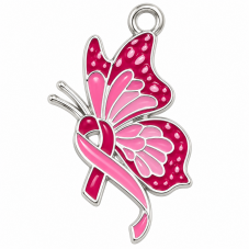 Breloque Papillon Ruban Octobre Rose en Émail Métal Argenté 26x16mm pour la Création de Bijoux Fantaisie - DIY