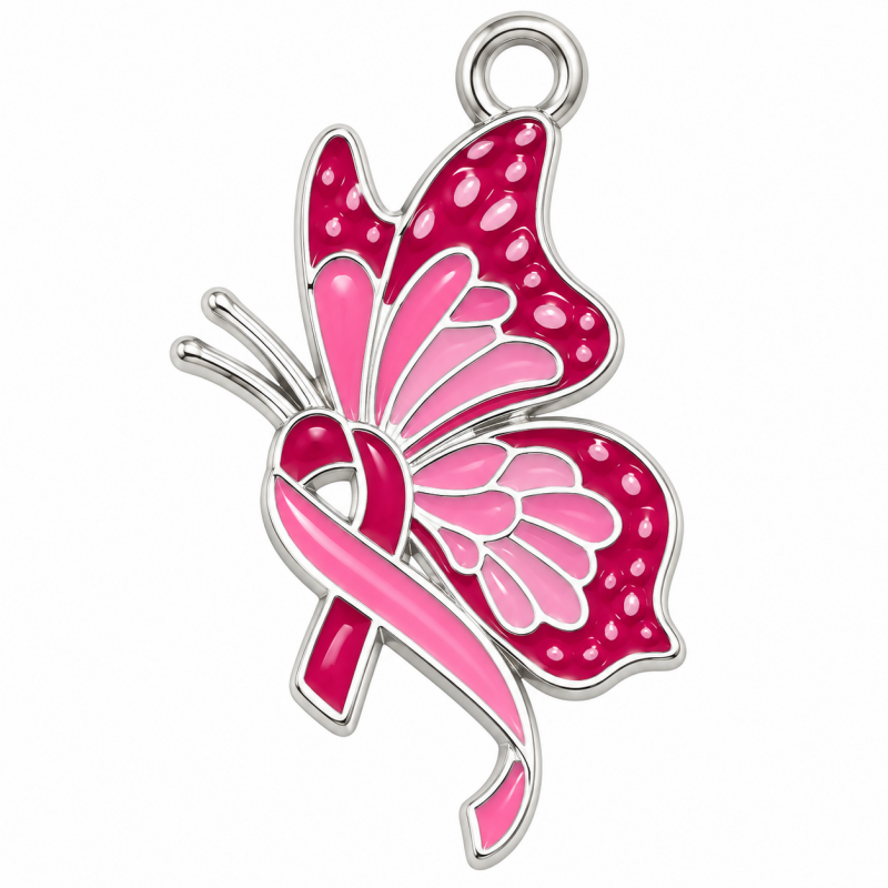 Breloque Papillon Ruban Octobre Rose en Émail Métal Argenté 26x16mm