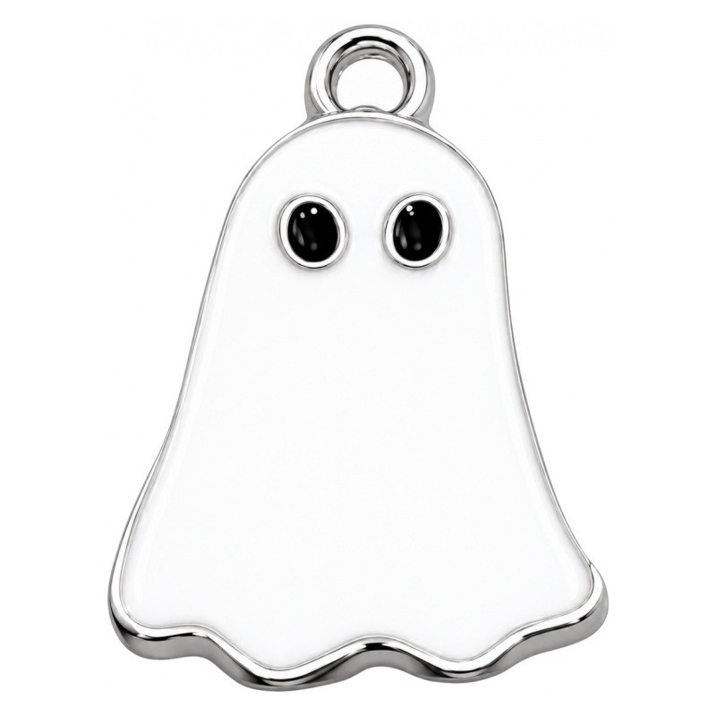2 Breloques Fantôme en Émail Blanc Métal Argenté Halloween 26x15mm