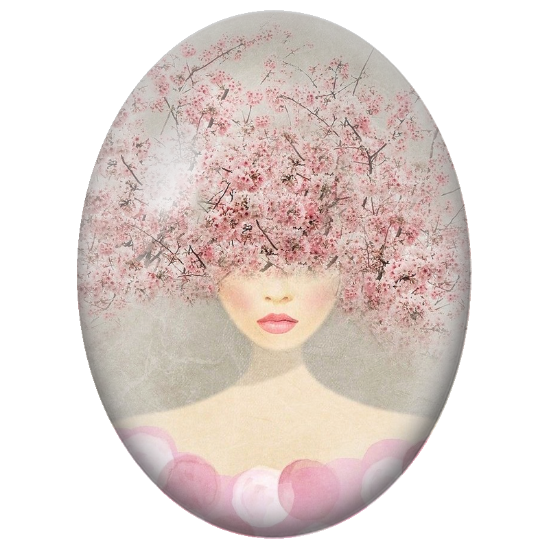 Cabochon en Verre Illustré Femme sous les Cerisiers en Fleurs 13x18, 18x25 ou 30x40mm
