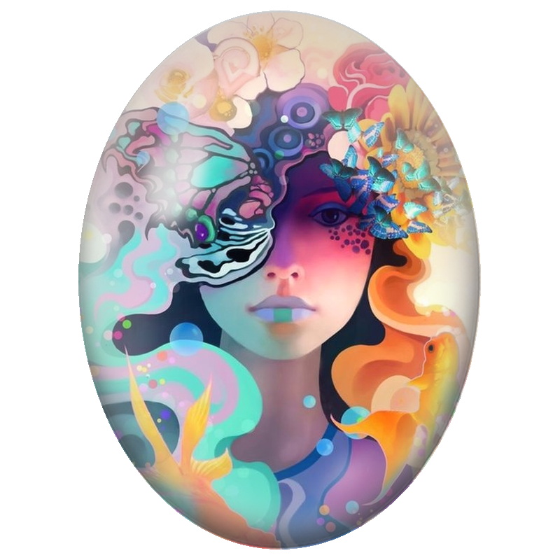 Cabochon en Verre Illustré Muse Aquatique aux Papillons et Poissons 13x18, 18x25 ou 30x40mm