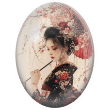 Cabochon en Verre Illustré Geisha à l’Ombrelle Rouge sous les Cerisiers pour la Création de Bijoux Fantaisie - DIY