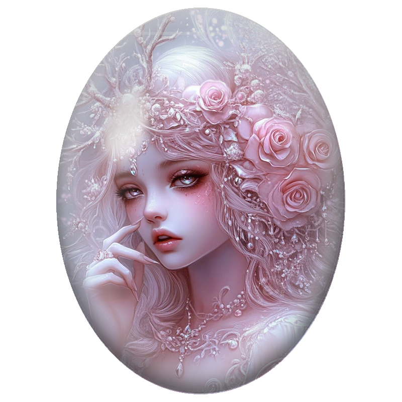 Cabochon en Verre Illustré Princesse de Givre aux Roses Poudrées 13x18, 18x25 ou 30x40mm