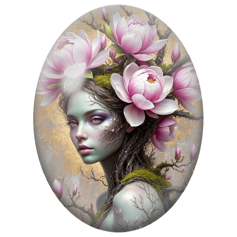 Cabochon en Verre Illustré Déesse Végétale aux Magnolias Roses 13x18, 18x25 ou 30x40mm
