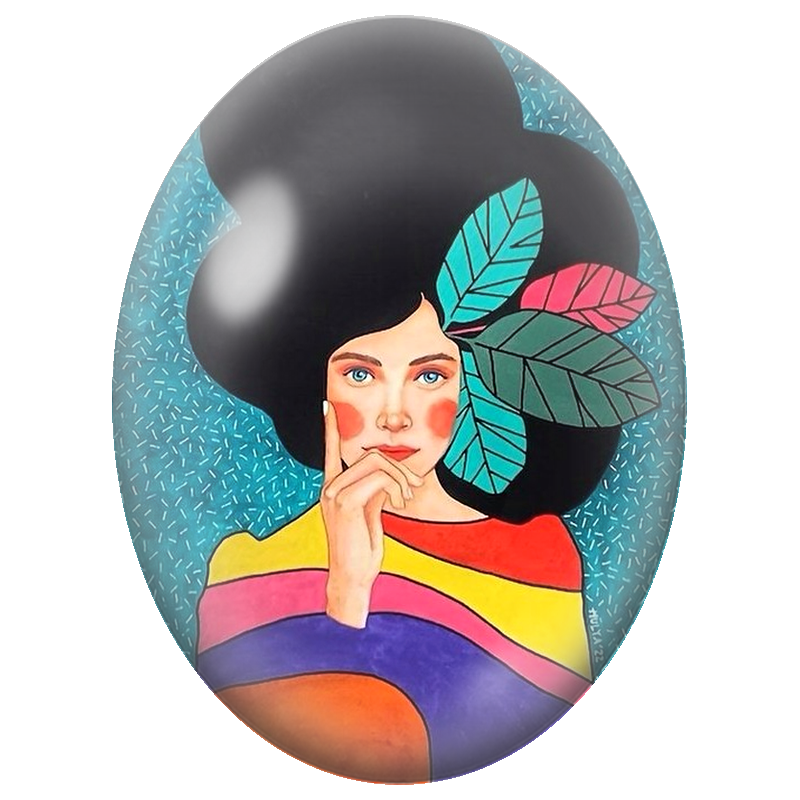 Cabochon en Verre Illustré Femme Colorée aux Feuilles dans les Cheveux 13x18, 18x25 ou 30x40mm
