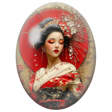 Cabochon en Verre Illustré Geisha au Cercle Rouge et Fleurs de Cerisier pour la Création de Bijoux Fantaisie - DIY