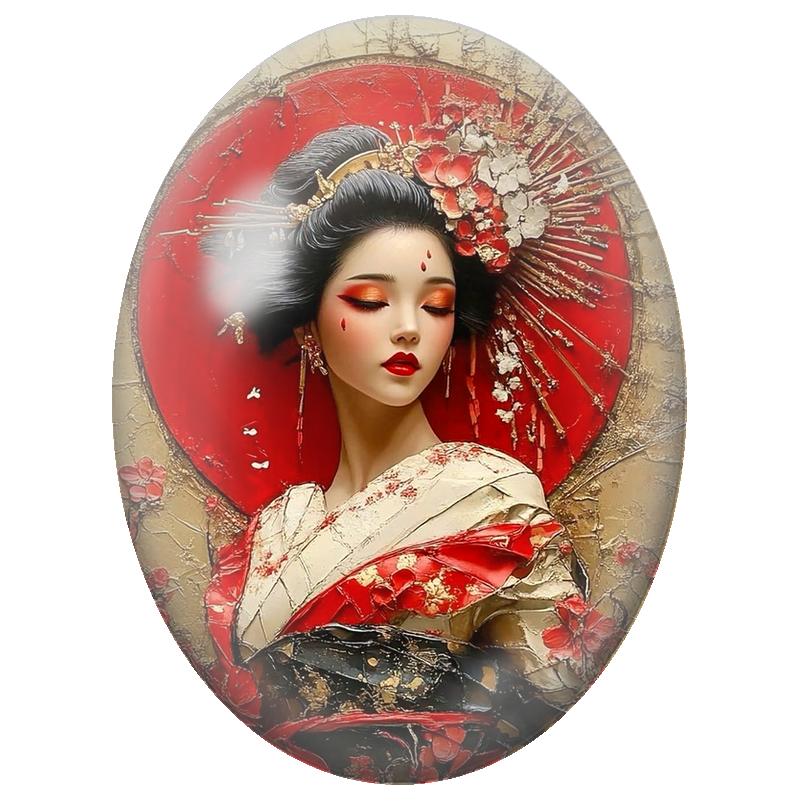 Cabochon en Verre Illustré Geisha au Cercle Rouge et Fleurs de Cerisier 13x18, 18x25 ou 30x40mm