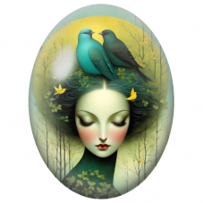 Cabochon en Verre Illustré Femme Endormie aux Oiseaux Turquoise pour la Création de Bijoux Fantaisie - DIY