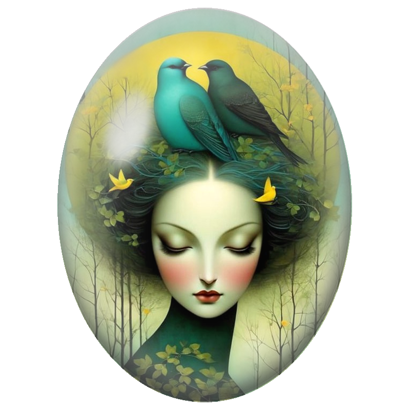 Cabochon en Verre Illustré Femme Endormie aux Oiseaux Turquoise 13x18, 18x25 ou 30x40mm