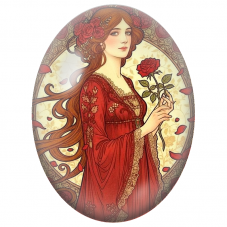 Cabochon en Verre Illustré Muse Art Nouveau à la Rose Rouge pour la Création de Bijoux Fantaisie - DIY