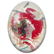 Cabochon en Verre Illustré Geisha aux Grues Blanches pour la Création de Bijoux Fantaisie - DIY