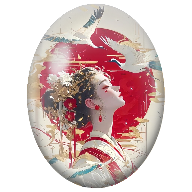 Cabochon en Verre Illustré Geisha aux Grues Blanches 13x18, 18x25 ou 30x40mm