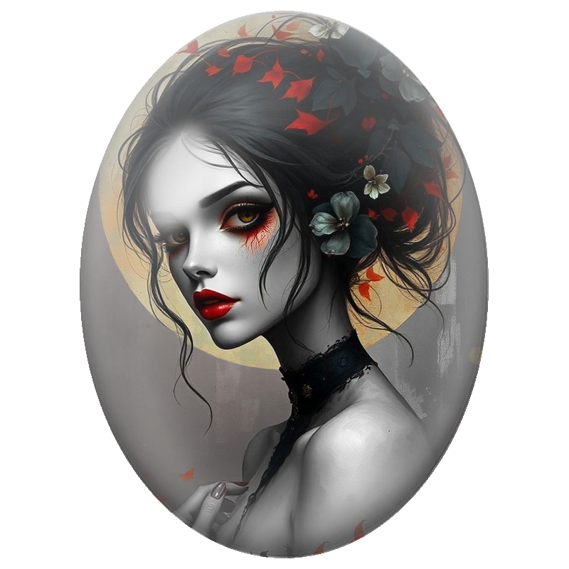 Cabochon en Verre Illustré Femme Gothique aux Fleurs Noires 13x18, 18x25 ou 30x40mm