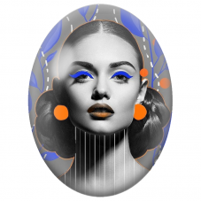 Cabochon en Verre Illustré Femme Pop au Maquillage Bleu et Boucles Orange pour la Création de Bijoux Fantaisie - DIY