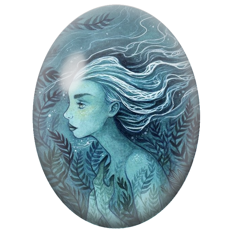 Cabochon en Verre Illustré Femme Aquatique aux Cheveux Blancs 13x18, 18x25 ou 30x40mm