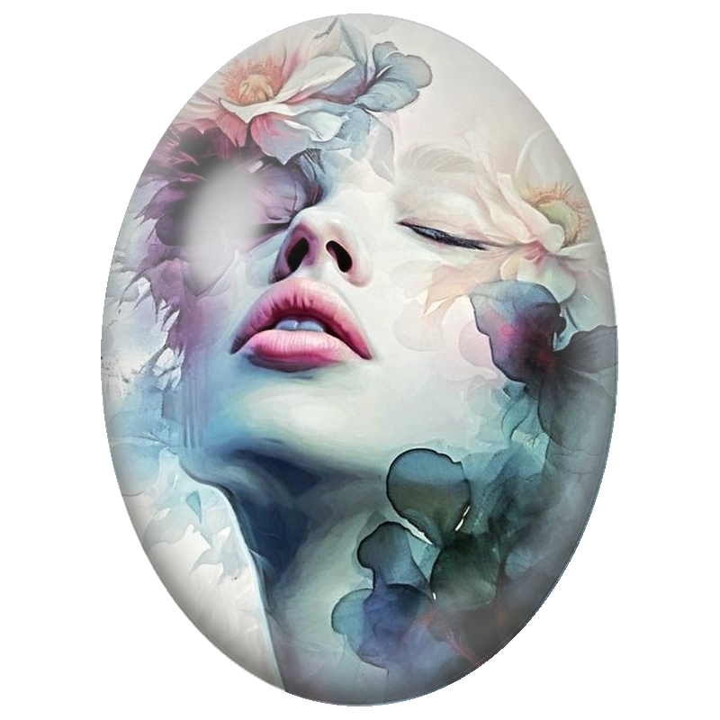 Cabochon en Verre Illustré Visage Fleuri aux Aquarelles Bleues et Pourpres 13x18, 18x25 ou 30x40mm