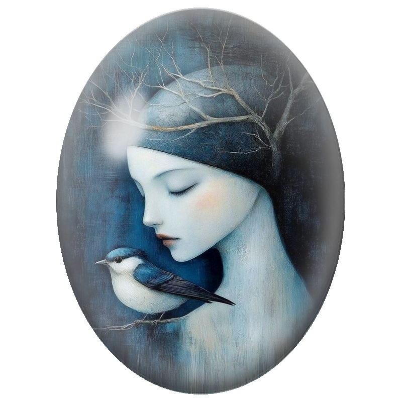 Cabochon en Verre Illustré Femme aux Branches et Oiseau Bleu 13x18, 18x25 ou 30x40mm
