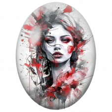 Cabochon en Verre Illustré Portrait Féminin aux Éclats Rouges et Noirs pour la Création de Bijoux Fantaisie - DIY