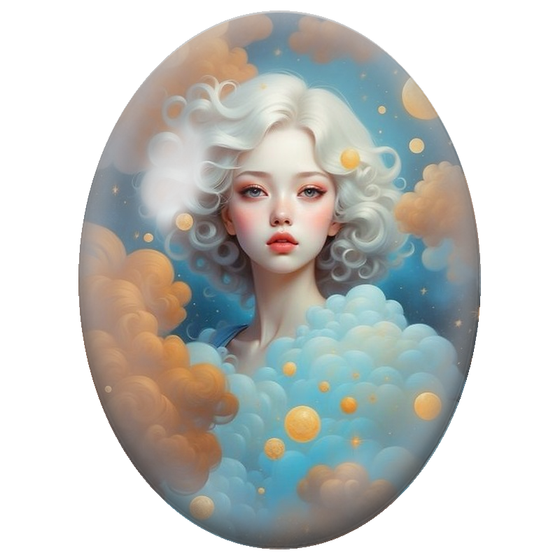 Cabochon en Verre Illustré Femme Céleste parmi les Nuages et Astres Dorés 13x18, 18x25 ou 30x40mm