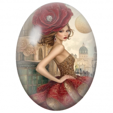 Cabochon en Verre Illustré Élégante à la Robe Rouge et au Chapeau-Fleur pour la Création de Bijoux Fantaisie - DIY