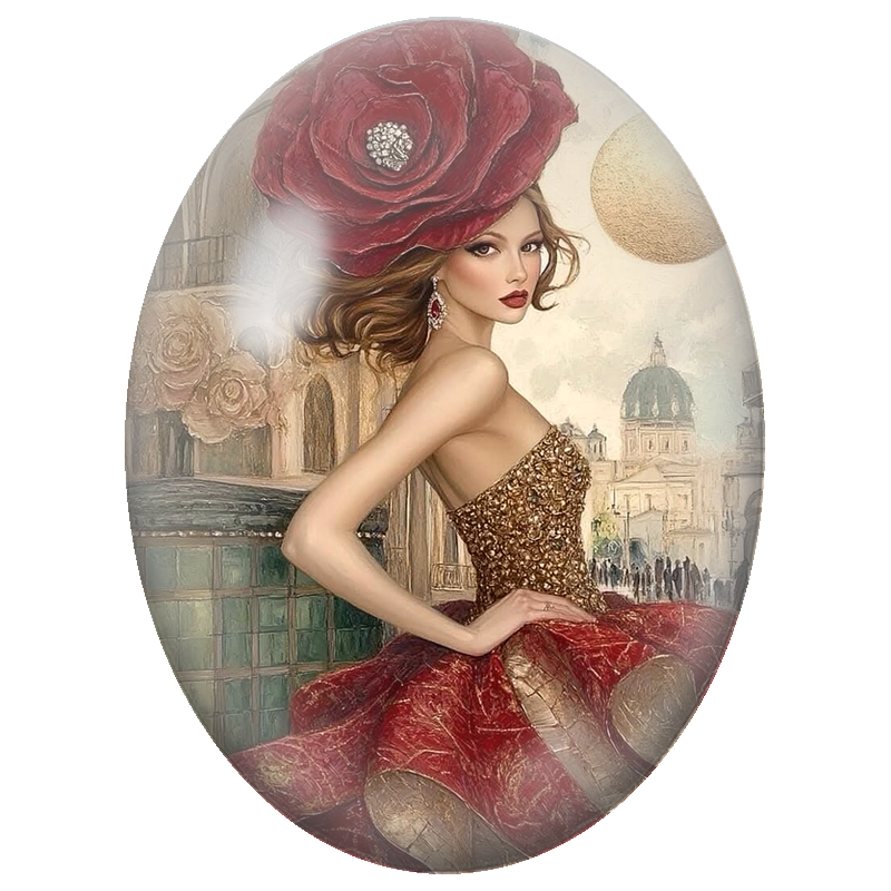 Cabochon en Verre Illustré Élégante à la Robe Rouge et au Chapeau-Fleur 13x18, 18x25 ou 30x40mm
