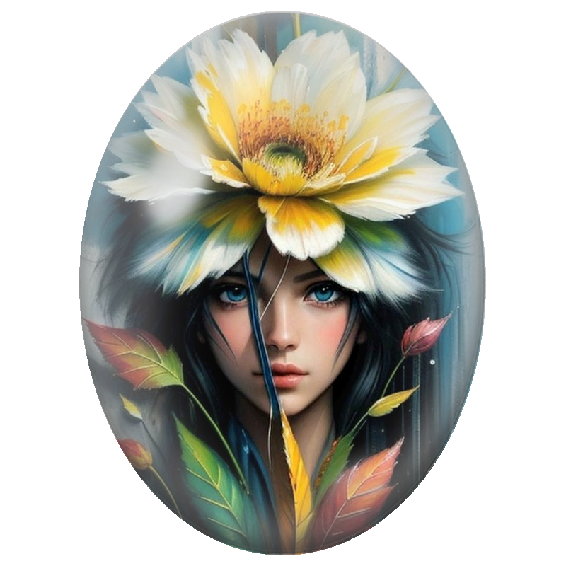 Cabochon en Verre Illustré Femme aux Yeux Bleus et Grande Fleur Blanche 13x18, 18x25 ou 30x40mm