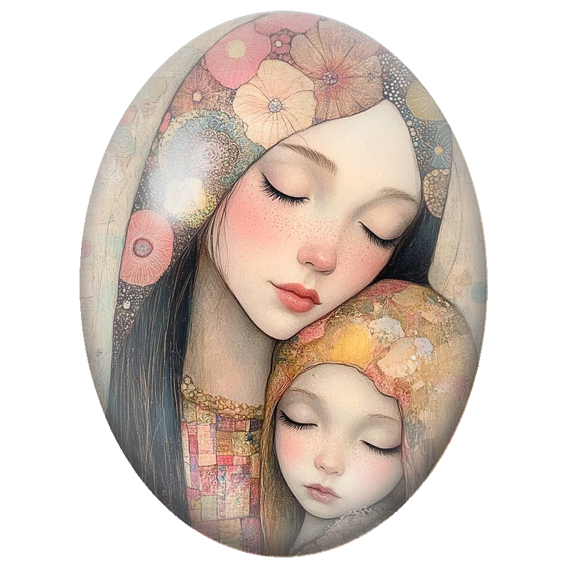 Cabochon en Verre Illustré Mère et Enfant Endormies sous les Fleurs 13x18, 18x25 ou 30x40mm