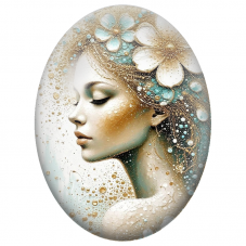 Cabochon en Verre Illustré Femme aux Fleurs Blanches et Or pour la Création de Bijoux Fantaisie - DIY