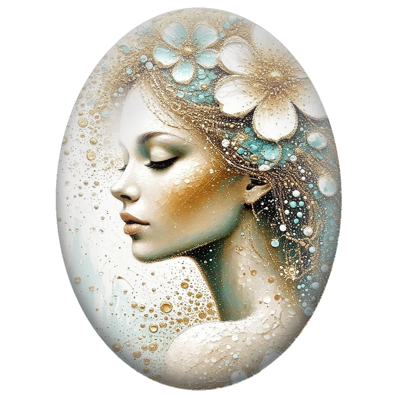 Cabochon en Verre Illustré Femme aux Fleurs Blanches et Or 13x18, 18x25 ou 30x40mm
