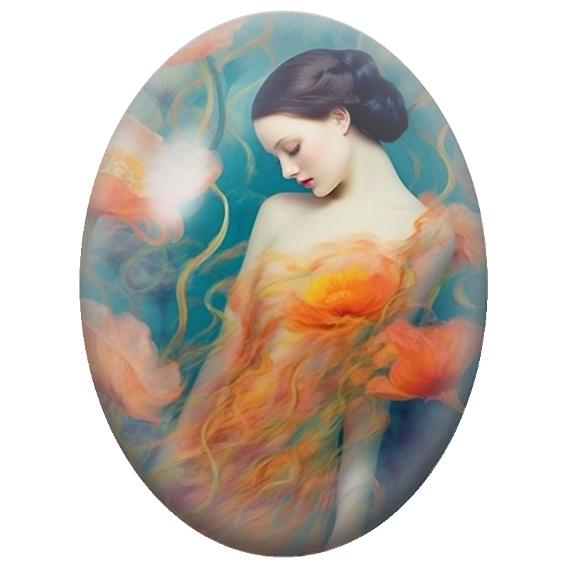 Cabochon en Verre Illustré Femme à la Robe de Coquelicots Orange 13x18, 18x25 ou 30x40mm