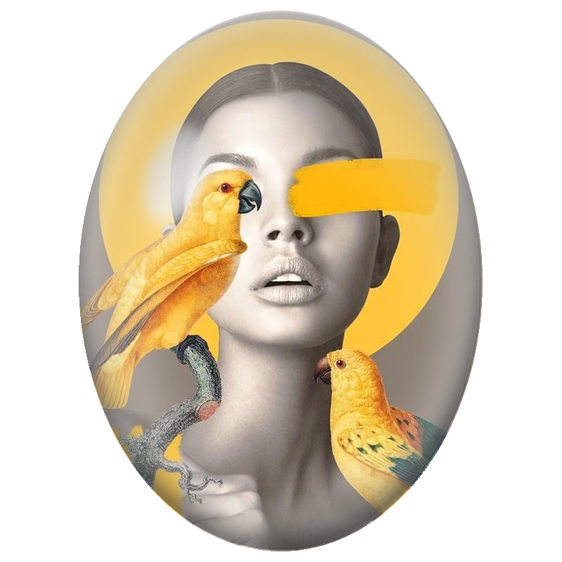 Cabochon en Verre Illustré Femme aux Perroquets Jaunes 13x18, 18x25 ou 30x40mm