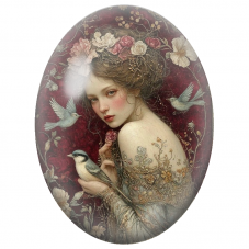 Cabochon en Verre Illustré Jeune Femme aux Oiseaux et Roses Anciennes pour la Création de Bijoux Fantaisie - DIY