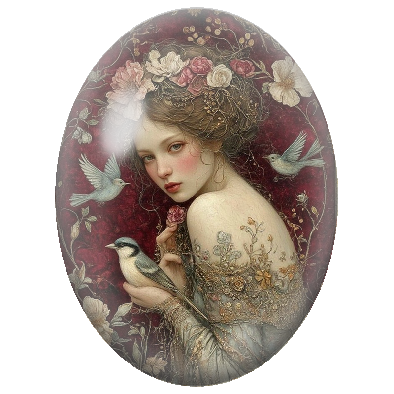 Cabochon en Verre Illustré Jeune Femme aux Oiseaux et Roses Anciennes 13x18, 18x25 ou 30x40mm