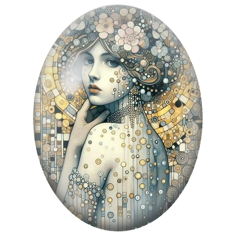 Cabochon en Verre Illustré Femme Art Nouveau à la Mosaïque Dorée 13x18, 18x25 ou 30x40mm