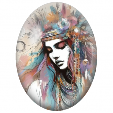 Cabochon en Verre Illustré Muse Bohème au Bandeau Fleuri pour la Création de Bijoux Fantaisie - DIY