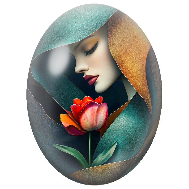 Cabochon en Verre Illustré Femme à la Tulipe Rouge 13x18, 18x25 ou 30x40mm