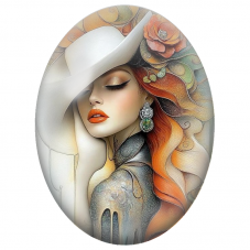 Cabochon en Verre Illustré Femme Rousse au Grand Chapeau Blanc pour la Création de Bijoux Fantaisie - DIY