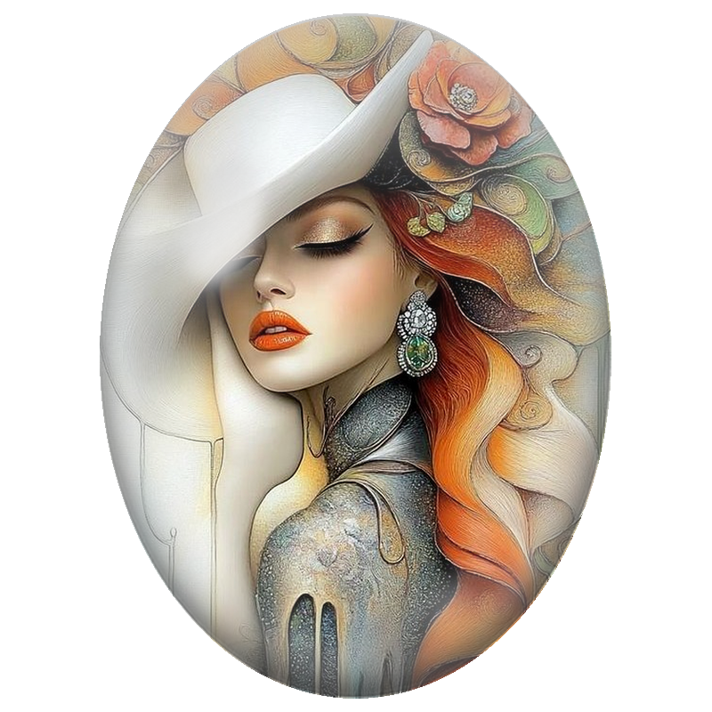 Cabochon en Verre Illustré Femme Rousse au Grand Chapeau Blanc 13x18, 18x25 ou 30x40mm