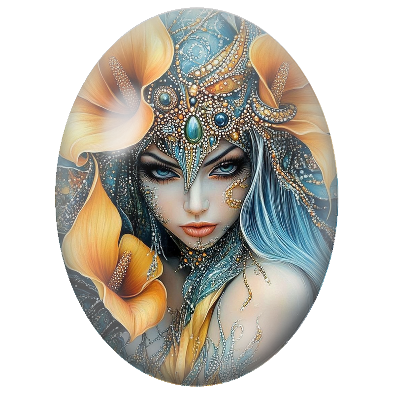 Cabochon en Verre Illustré Reine Fantastique aux Arums Orange 13x18, 18x25 ou 30x40mm