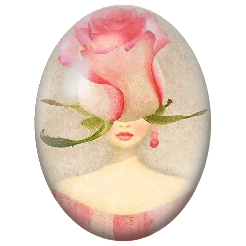 Cabochon en Verre Illustré Femme au Visage Caché par une Rose 13x18, 18x25 ou 30x40mm