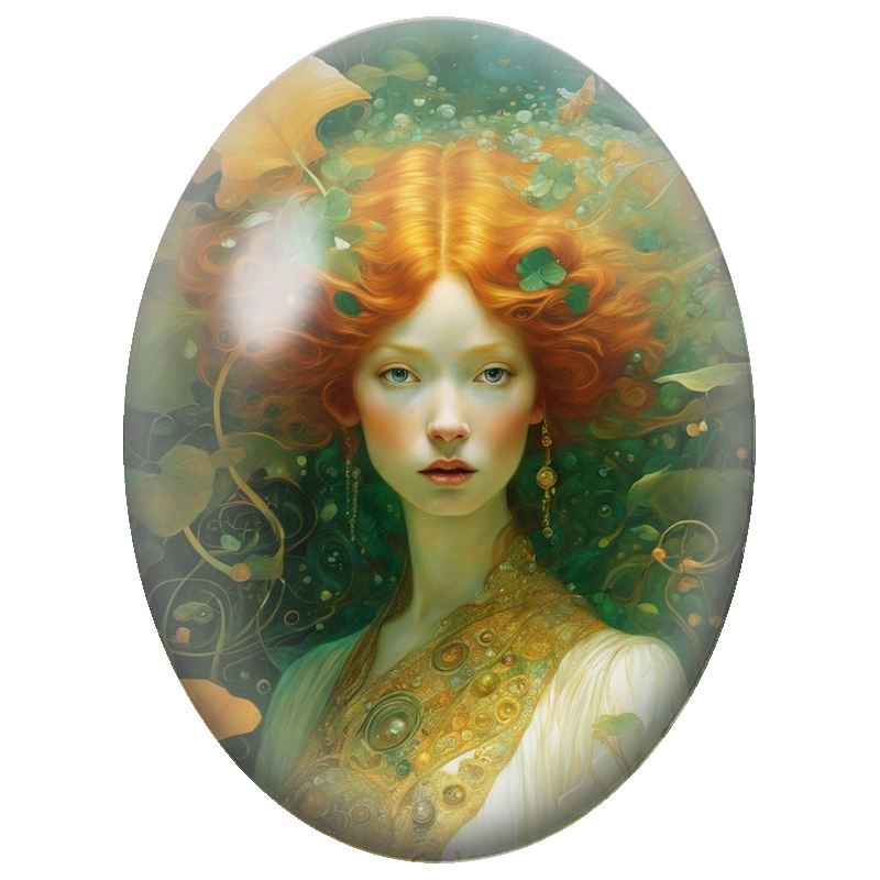 Cabochon en Verre Illustré Femme Rousse au Jardin d’Émeraude 13x18, 18x25 ou 30x40mm