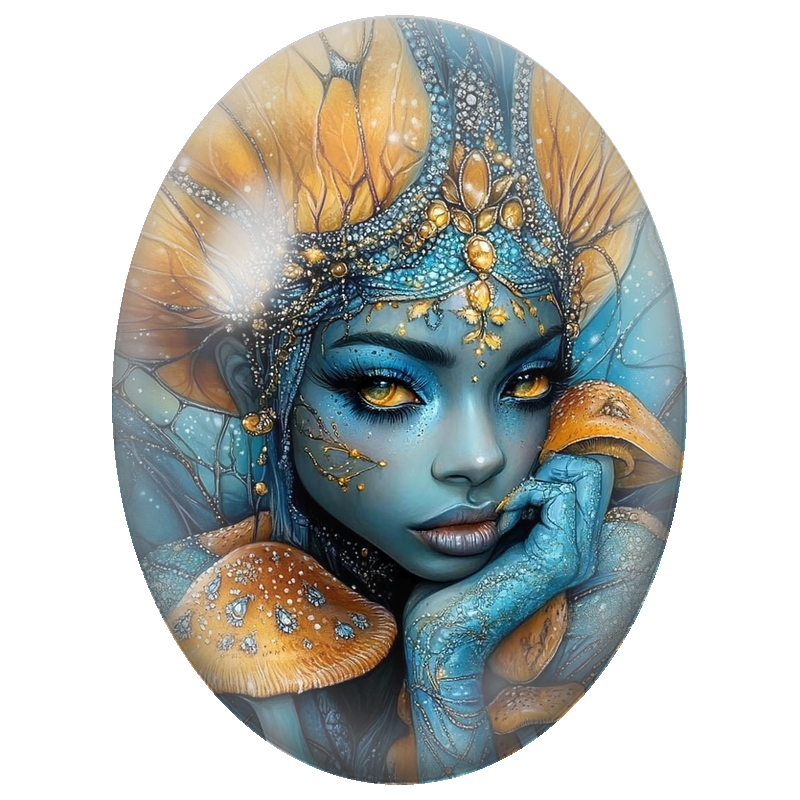 Cabochon en Verre Illustré Reine Bleue aux Champignons Orange 13x18, 18x25 ou 30x40mm
